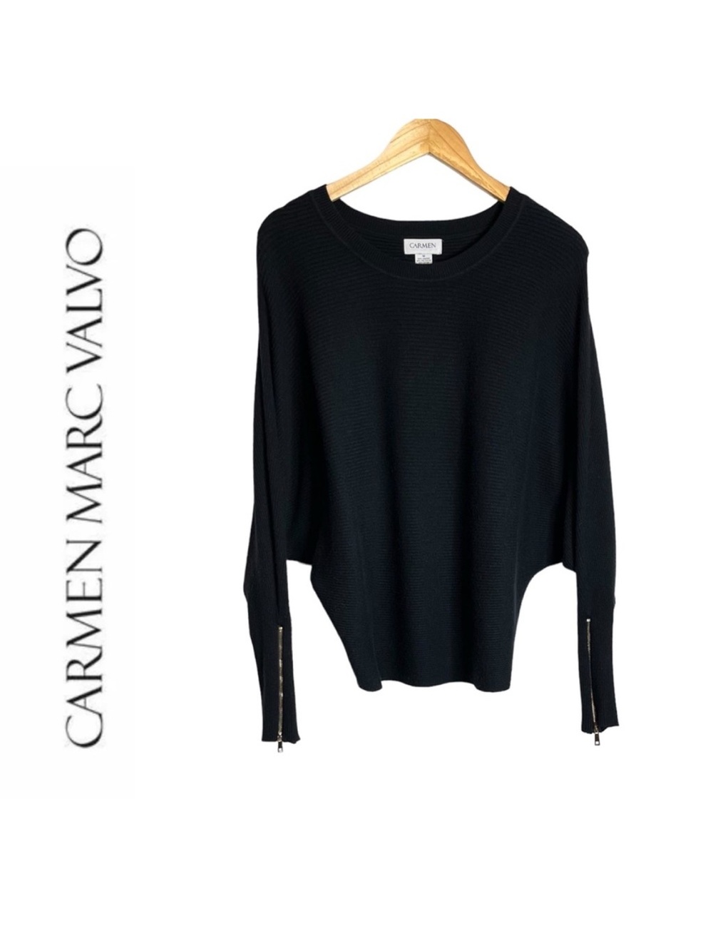 Carmen Marc Valvo | Ribbed Sweater Dolman Zipper Sleeve Black